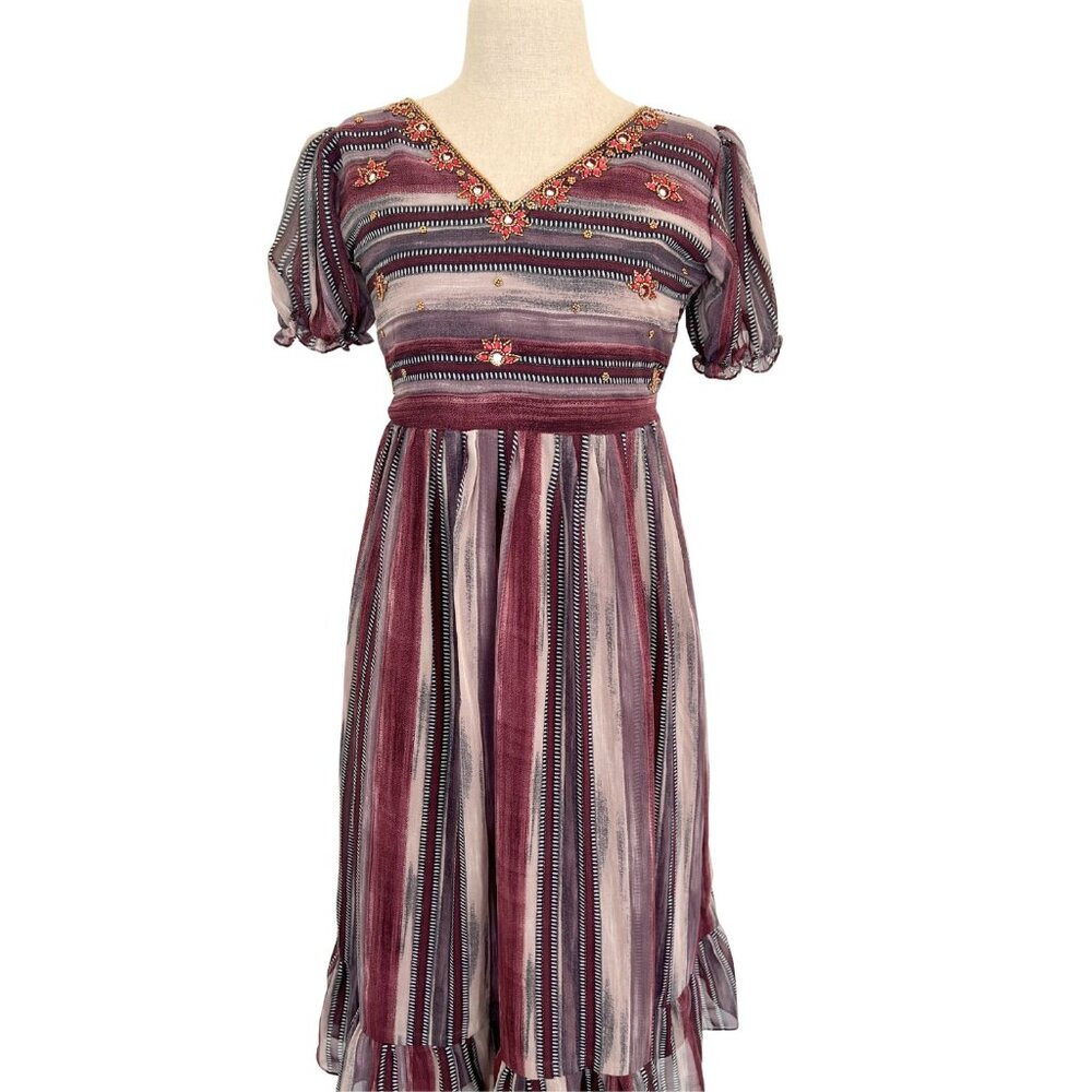Boho Beaded Striped V-Neck Empire Waist Midi Dress M Burgundy Mauve Puff Sleeve